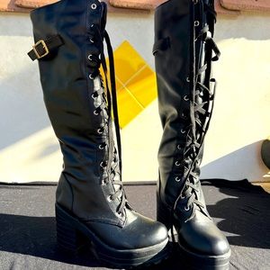 Black With Gold Buckle Lace Up Heel Boots like dr martens